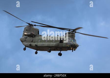A Boing CH-47 Chinook, first flown in 1961 and still in service today. Mostly used by the US Army and the British Royal Air Force. This variant is cap Stock Photo