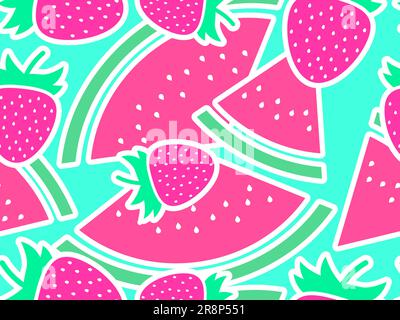 Watermelon and strawberry seamless pattern. Summer berry mix of strawberry and watermelon with white stroke. Design for print, fabric and poster. Vect Stock Vector