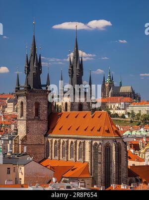 PRAGUE, CZECH REPUBLIC, EUROPE - Prague skyline including Church of Our Lady Before Tyn, and in distance St. Vitus Cathedral and Prague Castle. Stock Photo