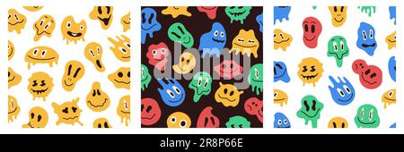 Melting smiley pattern. Seamless print of groovy smiley and angry faces in distorted acid style. Vector colorful emoticons texture. Illustration of fa Stock Vector