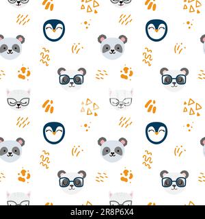 Seamless pattern with cute hand drawn cats, penguins and pandas. Yellow shapes with soft edges. Best for textile or websites. Vector illustration Stock Vector