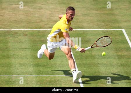 Czech Republic's Jiri Lehecka in action against Spain's Carlos Alcaraz in the Men's Singles Round of 16 match on centre court on day four of the 2023 cinch Championships at The Queen's Club, London. Picture date: Thursday June 22, 2023. Stock Photo