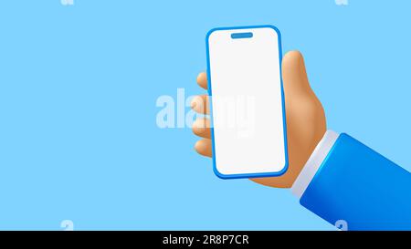 Cartoon businessman character hand holding mobile phone with white screen, 3d rendering Stock Photo