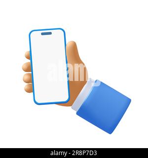 Clipping Path, Cartoon businessman character hand holding mobile phone with white screen isolated on white background, 3d rendering Stock Photo