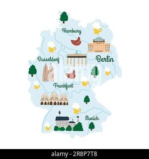 Hand drawn illustrated map of Germany with rivers and cities. Some famous landmarks and national symbols, beer. Vector illustration Stock Vector