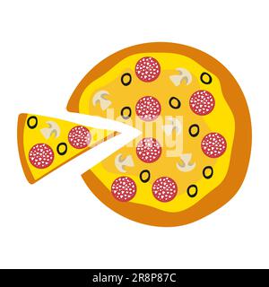 Hand drawn top view pizza with mushrooms, pepperoni and cheese. Italian pizza with one slice. Isolated on white Stock Vector