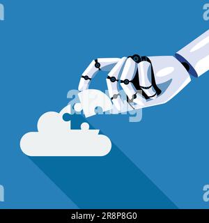 Robot inserts the missing puzzle in cloud. Concept of machine learning. Artificial Intelligence. Vector illustration. Technology business concept. Stock Vector