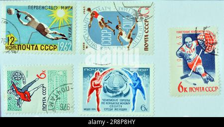 Cancelled postage stamps printed by USSR, that show Sports, circa 1963-1976. Stock Photo