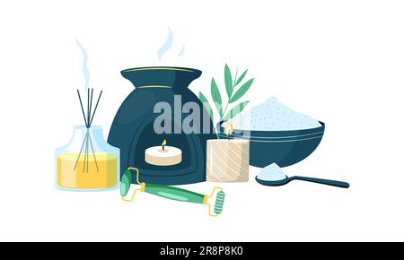 Aromatherapy composition. Aroma oil and scented candles therapy, natural relaxation, aromatherapy spa salon concept. Vector set of oil aromatherapy fr Stock Vector