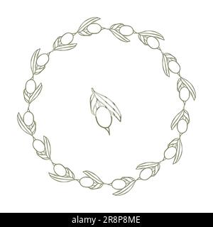 Olive branch, black ink hand drawn simple elements Vector botanical illustration. Black ink engrave Stock Vector