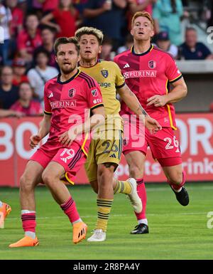 St. Louis, USA. 21st June, 2023. From left: St. Louis City midfielder Indiana Vassilev (19), Real Salt Lake midfielder Diego Luna (26), and St. Louis City defender Tim Parker (26) watch action in front of the goal. STL City played Real Salt Lake in a Major League Soccer game on June 21, 2023 at CITY Park Stadium in St. Louis, MO, USA. Photo by Tim Vizer/Sipa USA Credit: Sipa USA/Alamy Live News Stock Photo