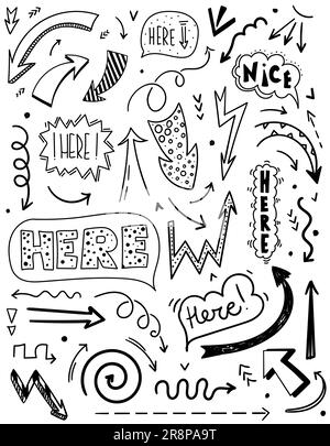 Doodle set of speech bubbles and arrows in comic hand drawn style. dialog windows with phrase here. Collection of curved pointers. Vector illustration Stock Vector