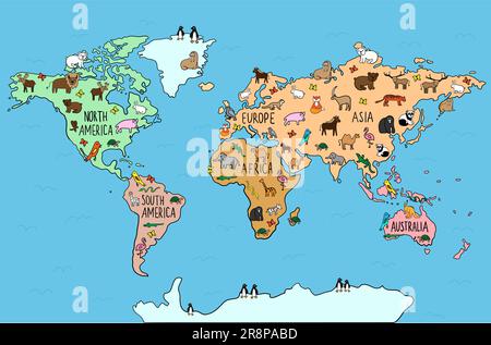 Colored Hand drawn doodle map with endemic animals. European typical wildlife. World fauna. habitats. Vector illustration Stock Vector