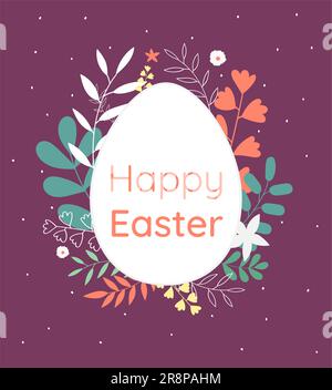 Happy Easter banner with flowers and botanical elements, poster, greeting card. Trendy Easter design with hand drawn typography. Modern minimal style Stock Vector