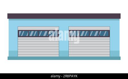 Car service and repair building with two closed gray garages. automechanic workshop blue roof. Vector illustration isolated on white Stock Vector