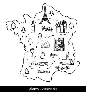 hand drawn doodle illustrated map of France with famous landmarks, trees, national symbols. Vector illustration isolated on white background Stock Vector