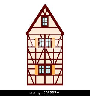 Old german house with red wooden beams. beige and brown colored half timbered building. Flat facades of european framing houses, cottages. Stock Vector