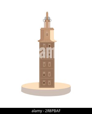 Hand drawn spanish national landmark. Torre de H rcules de A Coru a. Doodle cartoon colored vector illustration isolated on white. Stock Vector