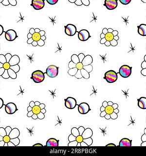 Seamless pattern with retro 70s groovy elements, simple funky hippy symbols. Colored daisy flowers, mushrooms, vibe, stars, sunglasses. Stock Vector