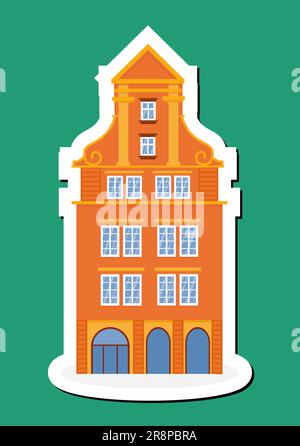 Sticker of european colorful old house. Dutch style. orange historic facade. Traditional architecture of Netherlands or Poland. Vector illustration fl Stock Vector