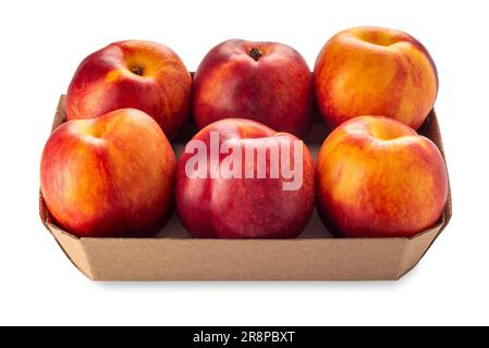Six nectarine peaches in cardboard tray for sale in market isolated on white with clipping path included Stock Photo