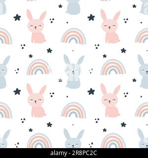 Seamless pattern with hand drawn greeting card, poster, with cute blue and pink bunnies and dark stars and rainbows. Vector illustration for fabric te Stock Vector