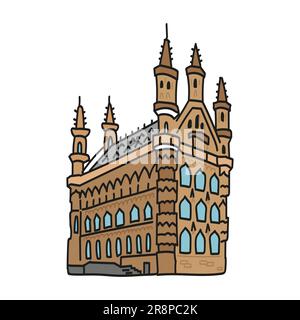 Colored linear Vector icon of tourist european landmark. historical buildings facade, outline doodle. Famous typical castlle Stock Vector