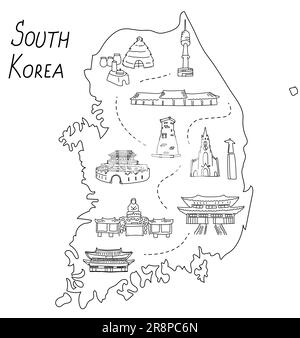 South Korea outline doodle illustrated map. The most famous Korean landmarks, temples and buildings. Hand drawn vector elements Stock Vector