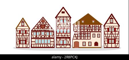 Set of Old german houses with red wooden beams ang beige elements. colored half timbered building. Flat facades of european framing houses, cottages. Stock Vector