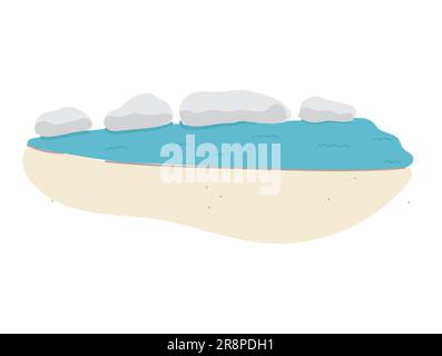 Simple hand drawn seashore with yellow sand and gray rocks is behind it. Blue water with childish waves. Cute doodle icon in flat style. Vector illust Stock Vector
