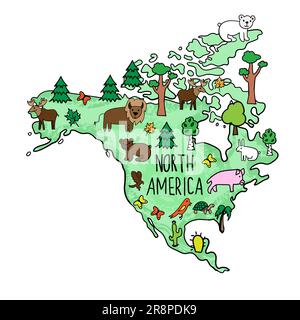 Hand drawn map of North America continent. Usual trees and animals. Symbols. Birch, pine, cactoo, eagle, bear. Vector illustration Stock Vector