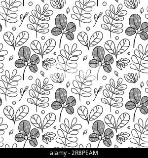 Hand drawn floral seamless pattern with doodle leaves of different shapes. flowers, plants, berries. Vector illustration Stock Vector