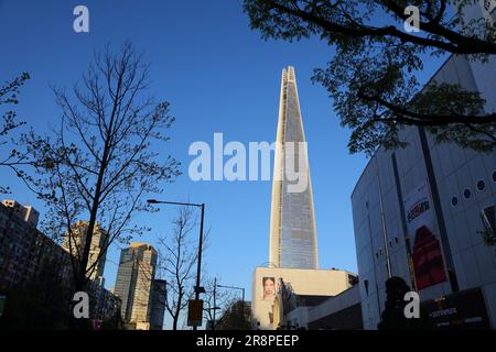 SEOUL, SOUTH KOREA - APRIL 7, 2023: Lotte World Tower supertall skyscraper in Sincheon neighborhood of Seoul. Stock Photo