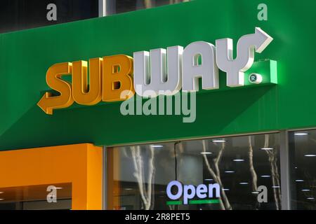 SEOUL, SOUTH KOREA - APRIL 7, 2023: Subway fast food sandwich restaurant in Gangnam, Seoul. Subway is one of largest fast food chains in the world. Stock Photo