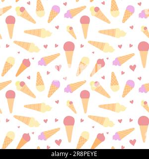 Hand drawn seamless pattern with sweet cute ice cream. Brown or beige cones and fruit clored top. Tasty delicious desert. Vector illustration Stock Vector