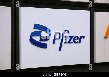 SEOUL, SOUTH KOREA - APRIL 6, 2023: Pfizer company office in Seoul. Pfizer is an American biotechnological and pharmaceutical company. Stock Photo