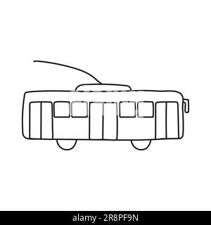 Hand drawn doodle trolleybus for coloring children book. Simple line, 2 - 4 age group. Big mashines, car, havy vehicle transport. Vector illustration Stock Vector