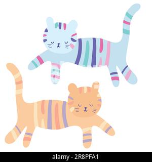 Hand drawn cute cats with pastel colors. Blue, yellow, orange pale. Funny childish style with doodle elements. Vector illustration isolated on white b Stock Vector