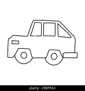 Hand drawn doodle jeep car for coloring children book. Simple line, 2 - 4 age group. Big mashines, lorry, havy vehicle transport. Vector illustration Stock Vector