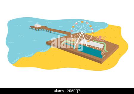 Santa Monica pier in California. Wheel and Attractions for children on the seashore Stock Vector