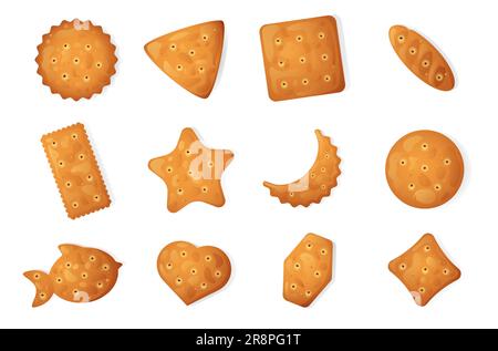Cracker chips set. Cartoon sweet crispy snack crackers, traditional bakery sweet biscuit flat style snack food. Vector isolated collection of cartoon Stock Vector
