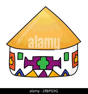 Hand drawn doodle african national hut. Ndebele tribal dwelling. Simple thatched roof and walls with ethnic patterns. Bright colored. Vector illustrat Stock Vector