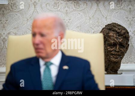 Washington, United States. 22nd June, 2023. A bust of former US Attorney General Robert F. Kennedy sits behind President Joe Biden during a meeting with Narendra Modi, India's prime minister, not pictured, in the Oval Office of the White House in Washington, DC, on Thursday, June 22, 2023. Photo by Al Drago/UPI Credit: UPI/Alamy Live News Stock Photo
