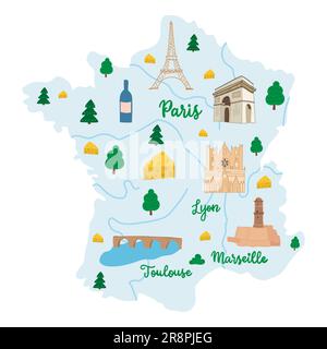 Hand drawn illustrated map of France with rivers and cities. Some famous landmarks and national symbols Eifel tower, arc de triomphe. Vector illustrat Stock Vector