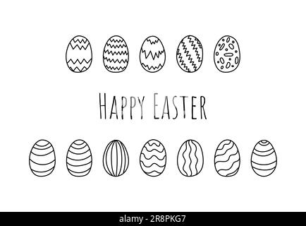 Hand drawn Easter eggs doodle set. Lettering. Ornament holidays design isolated on white background. Egg ornament sketch. Stock Vector