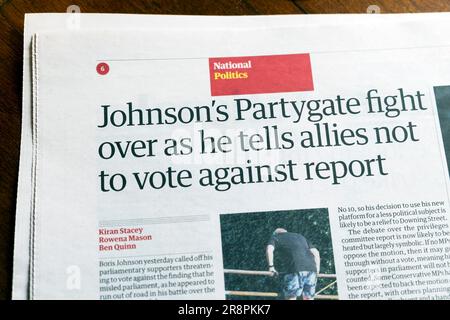 Boris 'Johnson 's Partygate fight over as he tells allies not to vote against report' Guardian newspaper headline parliament votes 17 June 2023 UK Stock Photo