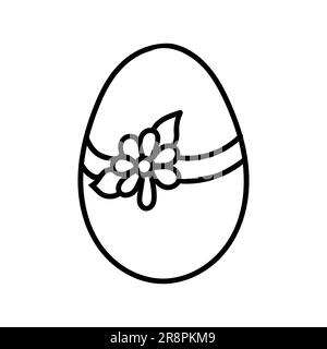 One easter egg with black flower ornament on white background. Simple Spring holiday symbols. Stock Vector