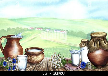 Dairy products in ceramic and glassware on a wooden table. Banner on the background of the rural landscape. Watercolor hand drawn illustration. For th Stock Photo