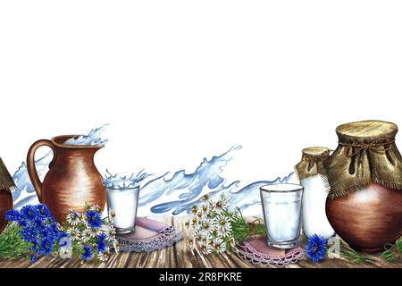 Dairy products in ceramic and glassware on a wooden table. Seamless border. Watercolor hand drawn illustration. White background. For design advertisi Stock Photo