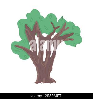 hand drawn vector tree with green crone with leaves. Colored doodle simple cute icon of tree. Illustration isolated on white. Stock Vector